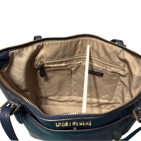 Michael Kors Ciara Navy Blue Saffanio Leather Two Strap Zippered Shoulder Tote - Picture 9 of 12